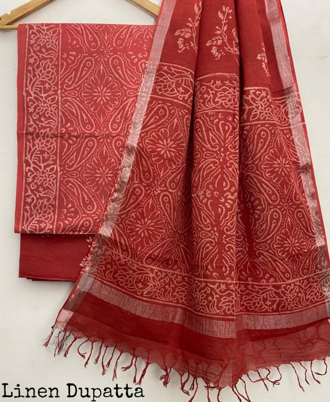 Pure Cotton Handblock Printed Cotton Salwar Suit With Linen Dupatta - 6