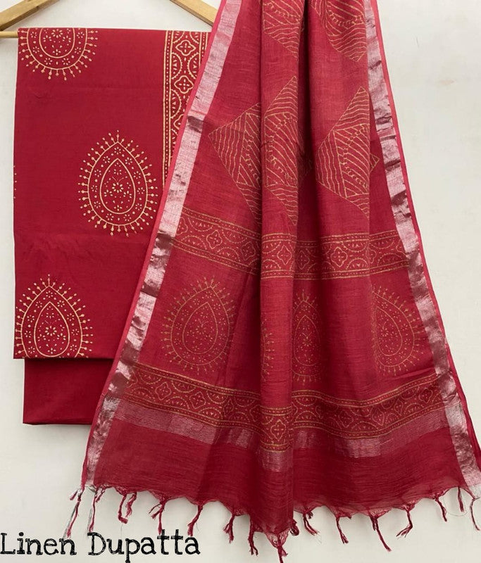 Pure Cotton Handblock Printed Cotton Salwar Suit With Linen Dupatta - 9