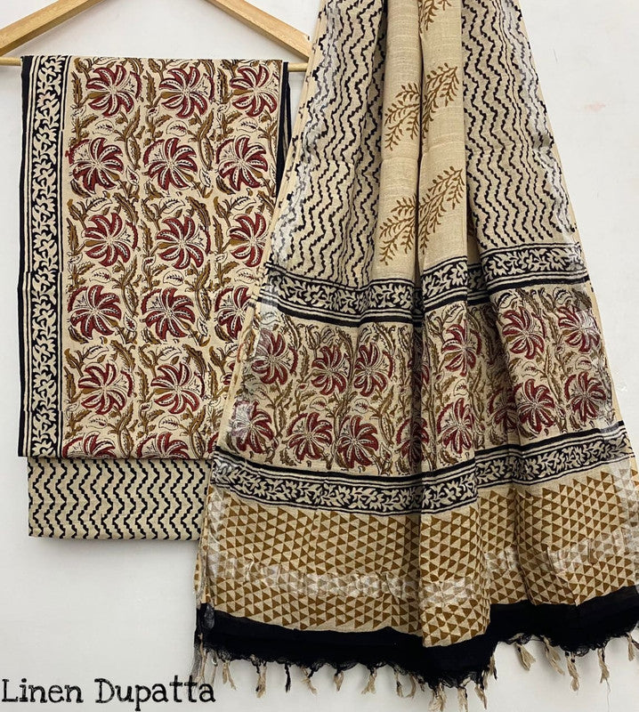 Pure Cotton Handblock Printed Cotton Salwar Suit With Linen Dupatta - 10