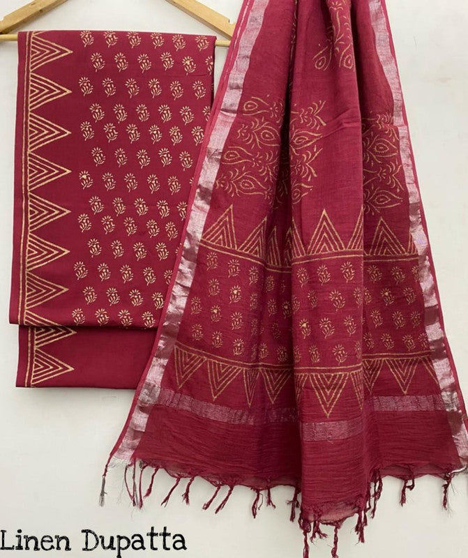 Pure Cotton Handblock Printed Cotton Salwar Suit With Linen Dupatta - 11