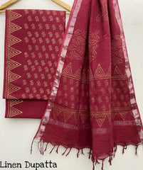 Pure Cotton Handblock Printed Cotton Salwar Suit With Linen Dupatta - 11