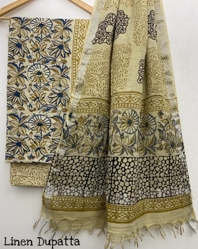 Pure Cotton Handblock Printed Cotton Salwar Suit With Linen Dupatta - 1