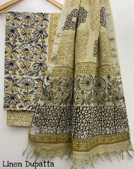 Pure Cotton Handblock Printed Cotton Salwar Suit With Linen Dupatta - 1