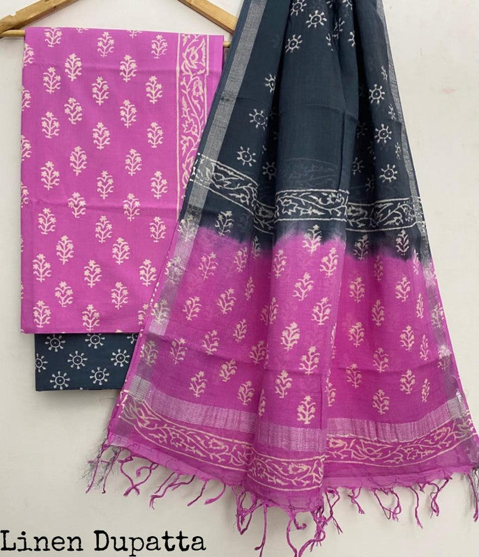 Pure Cotton Handblock Printed Cotton Salwar Suit With Linen Dupatta - 14