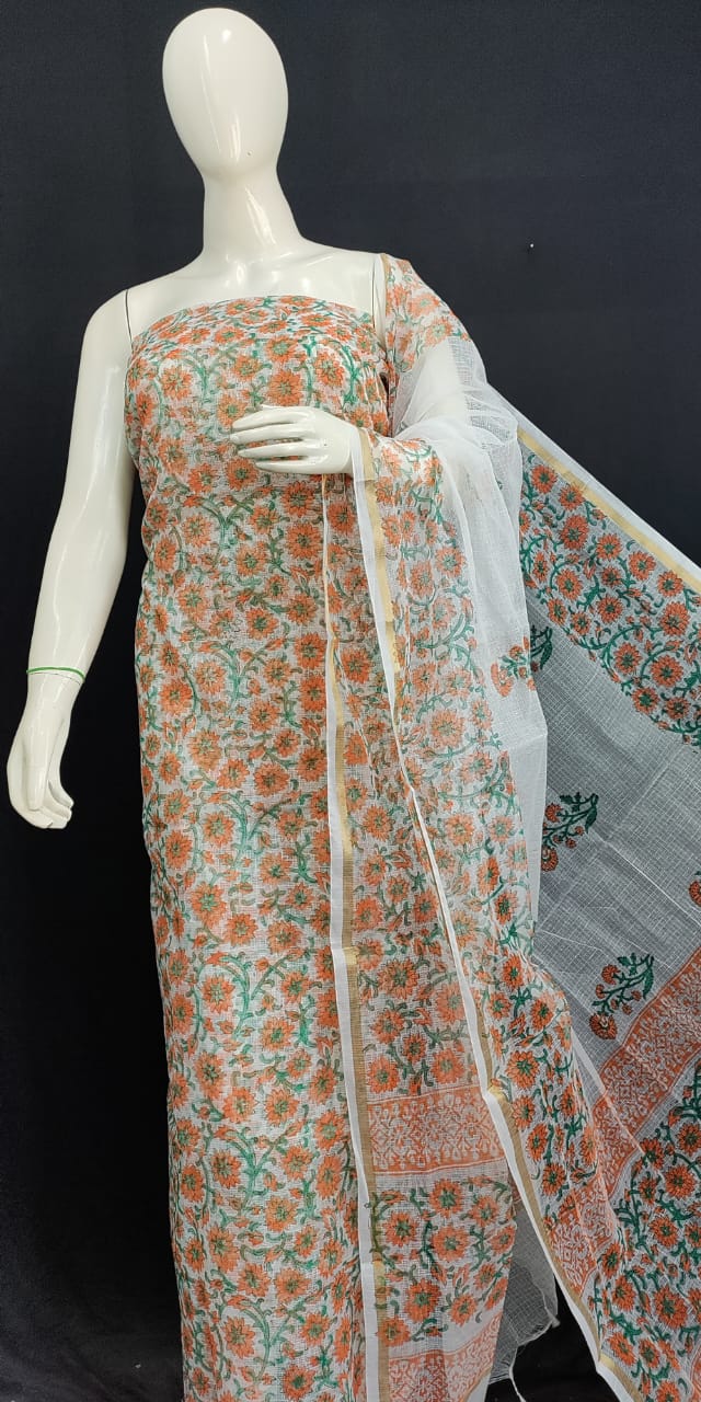 Kota Doria Block Print Salwar Suit & Dupatta With Bottom - 25
