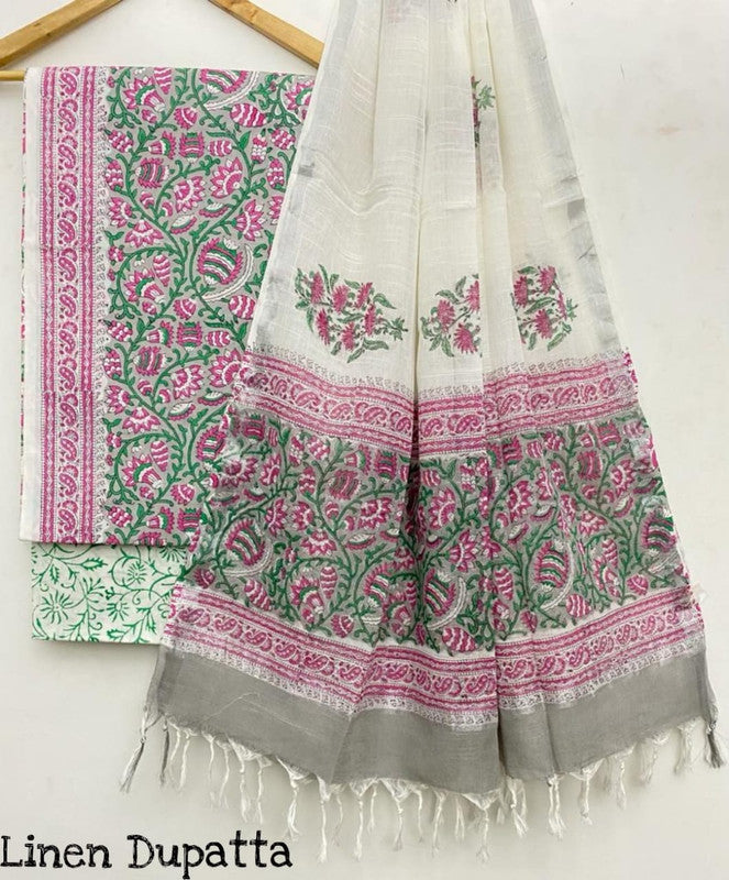 Pure Cotton Handblock Printed Cotton Salwar Suit With Linen Dupatta - 19
