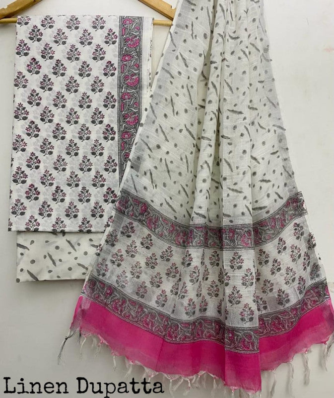 Pure Cotton Handblock Printed Cotton Salwar Suit With Linen Dupatta - 12