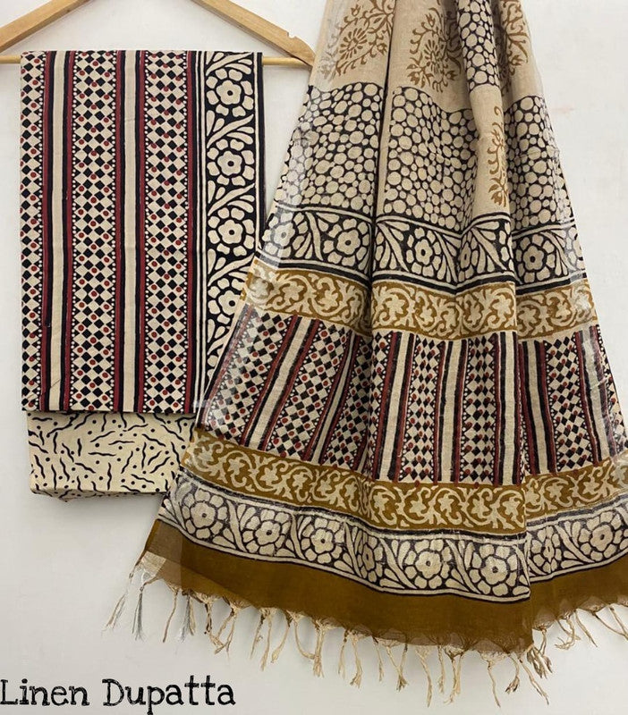 Pure Cotton Handblock Printed Cotton Salwar Suit With Linen Dupatta - 27