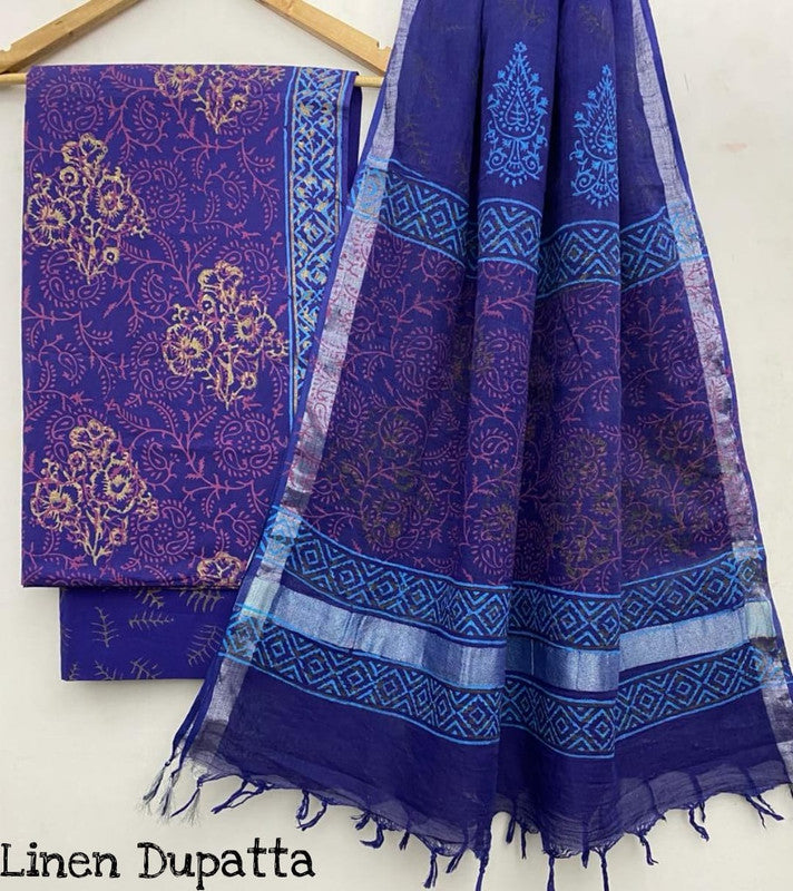 Pure Cotton Handblock Printed Cotton Salwar Suit With Linen Dupatta - 28