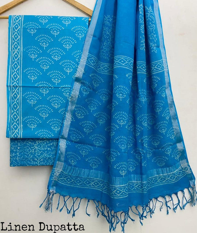 Pure Cotton Handblock Printed Cotton Salwar Suit With Linen Dupatta - 29