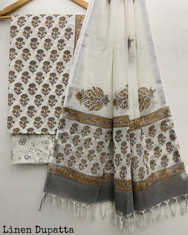 Pure Cotton Handblock Printed Cotton Salwar Suit With Linen Dupatta - 23