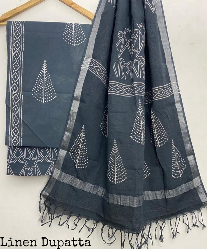 Pure Cotton Handblock Printed Cotton Salwar Suit With Linen Dupatta - 35