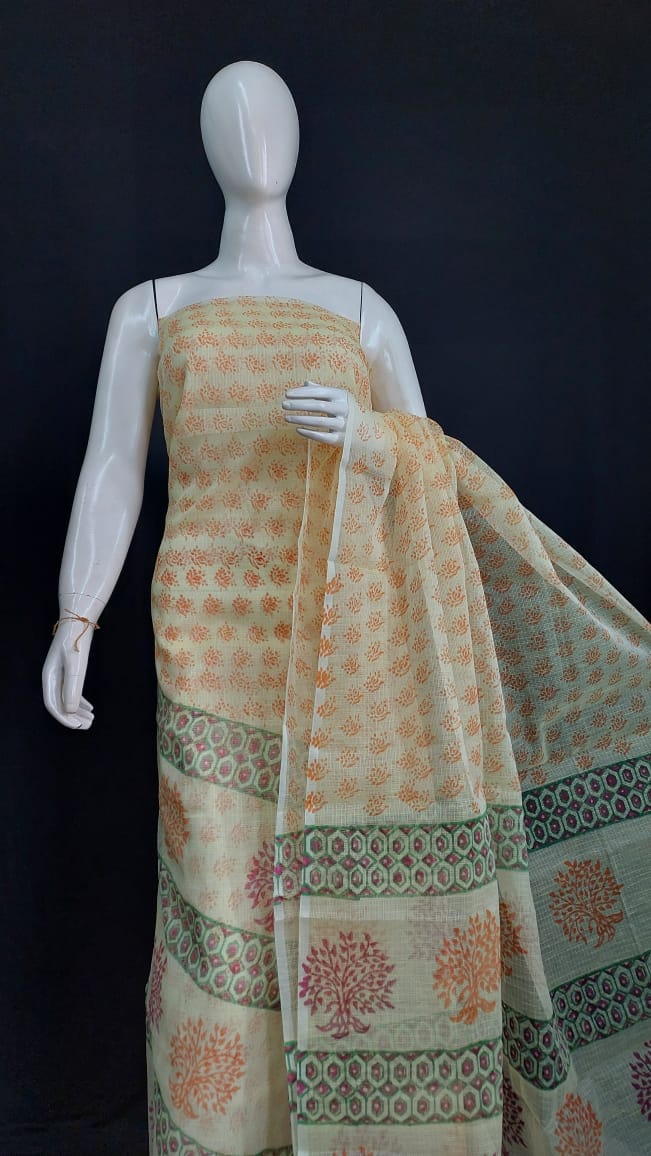 Kota Doria Block Print Salwar Suit & Dupatta With Bottom - 41