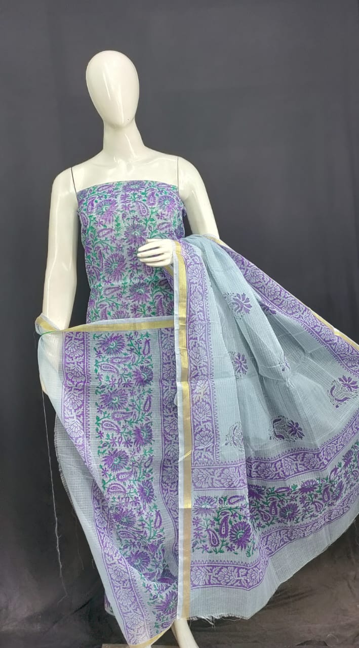 Kota Doria Block Print Salwar Suit & Dupatta With Bottom - 66