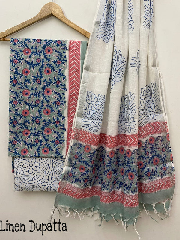 Pure Cotton Handblock Printed Cotton Salwar Suit With Linen Dupatta - 40