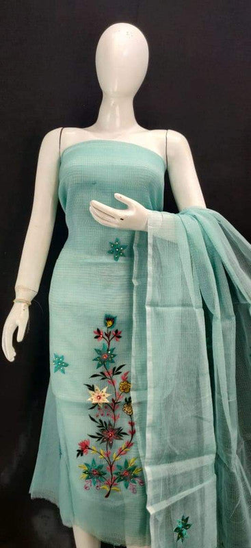 Kota Doria Embroidery Salwar Suit & Dupatta With Bottom - 3
