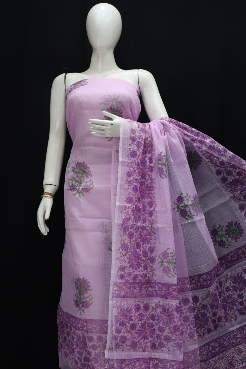 Kota Doria Block Print Salwar Suit & Dupatta With Bottom - 119