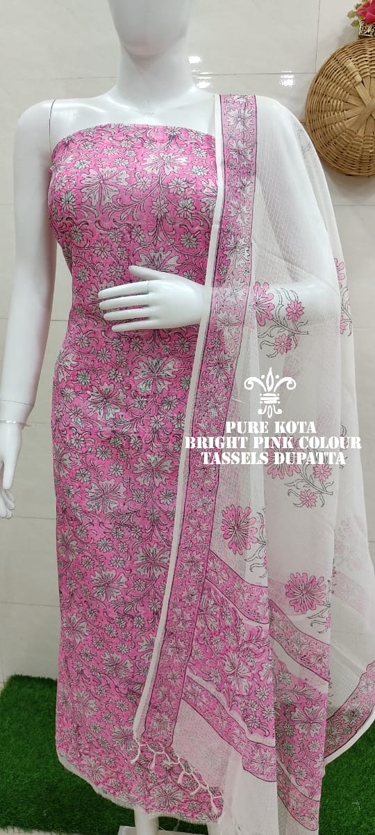 Kota Doria Block Print Salwar Suit & Dupatta With Bottom - 112