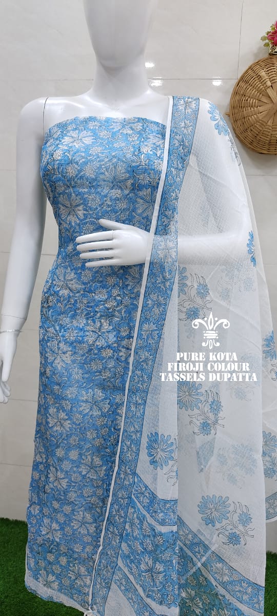 Kota Doria Block Print Salwar Suit & Dupatta With Bottom - 126