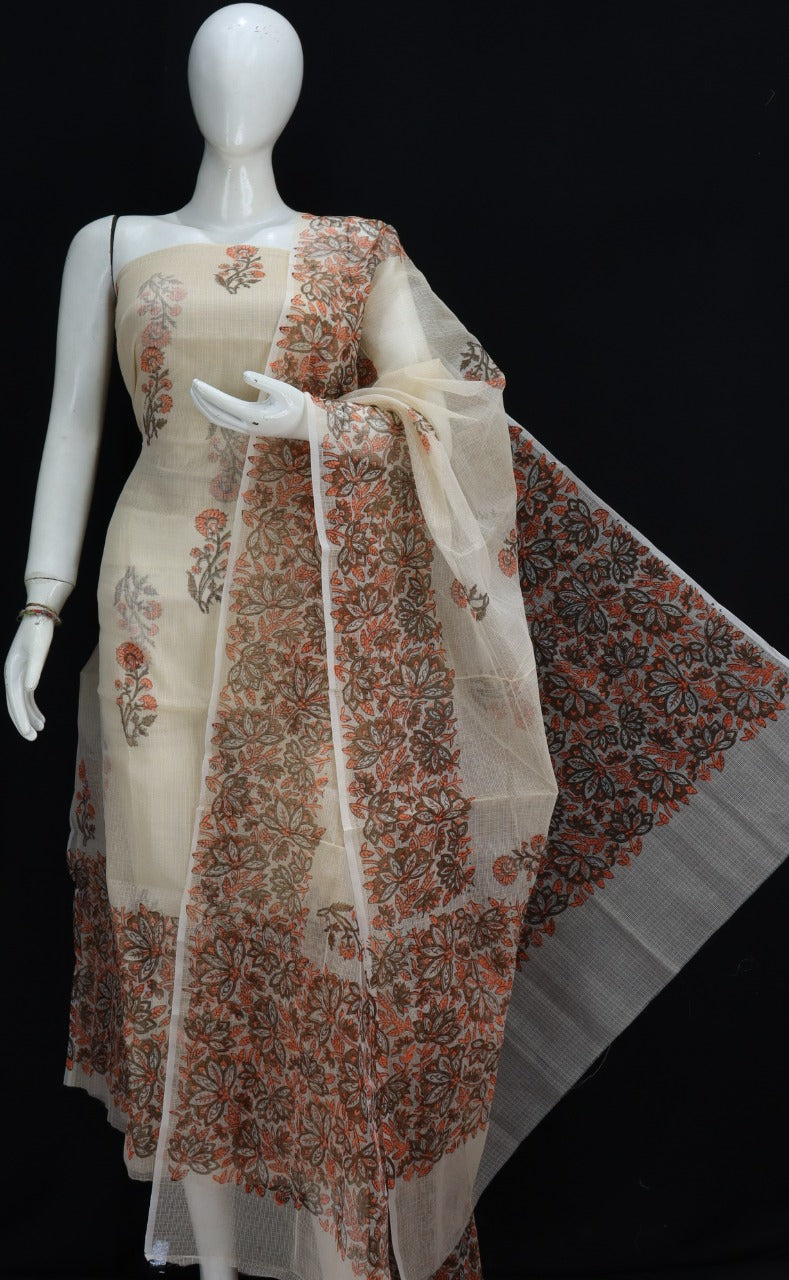 Kota Doria Block Print Salwar Suit & Dupatta With Bottom - 129