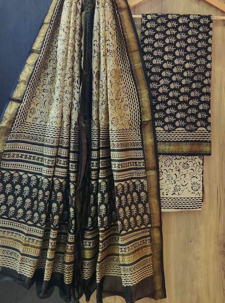 Pure Maheshwari Silk Unstitched Suit Set with Maheshwari Silk Dupatta with Zari Border ( Top, Bottom and Dupatta length 2.5 meter each) - 13