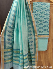 Pure Maheshwari Silk Unstitched Suit Set with Maheshwari Silk Dupatta with Zari Border ( Top, Bottom and Dupatta length 2.5 meter each) - 14