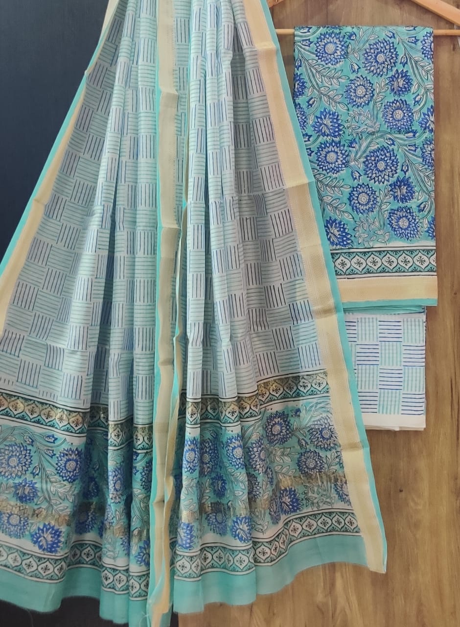 Pure Maheshwari Silk Unstitched Suit Set with Maheshwari Silk Dupatta with Zari Border ( Top, Bottom and Dupatta length 2.5 meter each) - 11