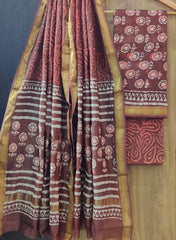 Pure Maheshwari Silk Unstitched Suit Set with Maheshwari Silk Dupatta with Zari Border ( Top, Bottom and Dupatta length 2.5 meter each) - 15
