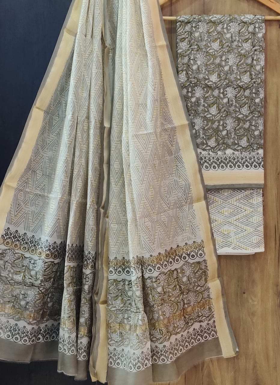 Pure Maheshwari Silk Unstitched Suit Set with Maheshwari Silk Dupatta with Zari Border ( Top, Bottom and Dupatta length 2.5 meter each) - 12
