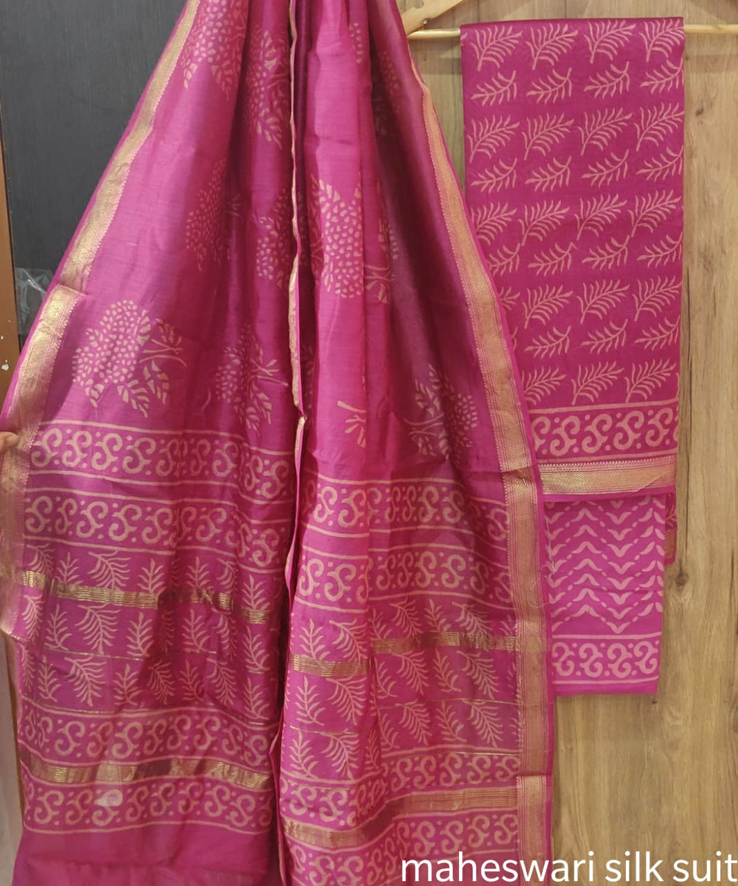 Pure Maheshwari Silk Unstitched Suit Set with Maheshwari Silk Dupatta with Zari Border ( Top, Bottom and Dupatta length 2.5 meter each) - 34
