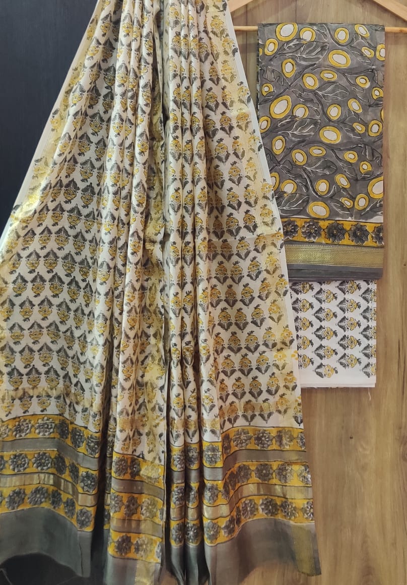 Pure Maheshwari Silk Unstitched Suit Set with Maheshwari Silk Dupatta with Zari Border ( Top, Bottom and Dupatta length 2.5 meter each) - 23