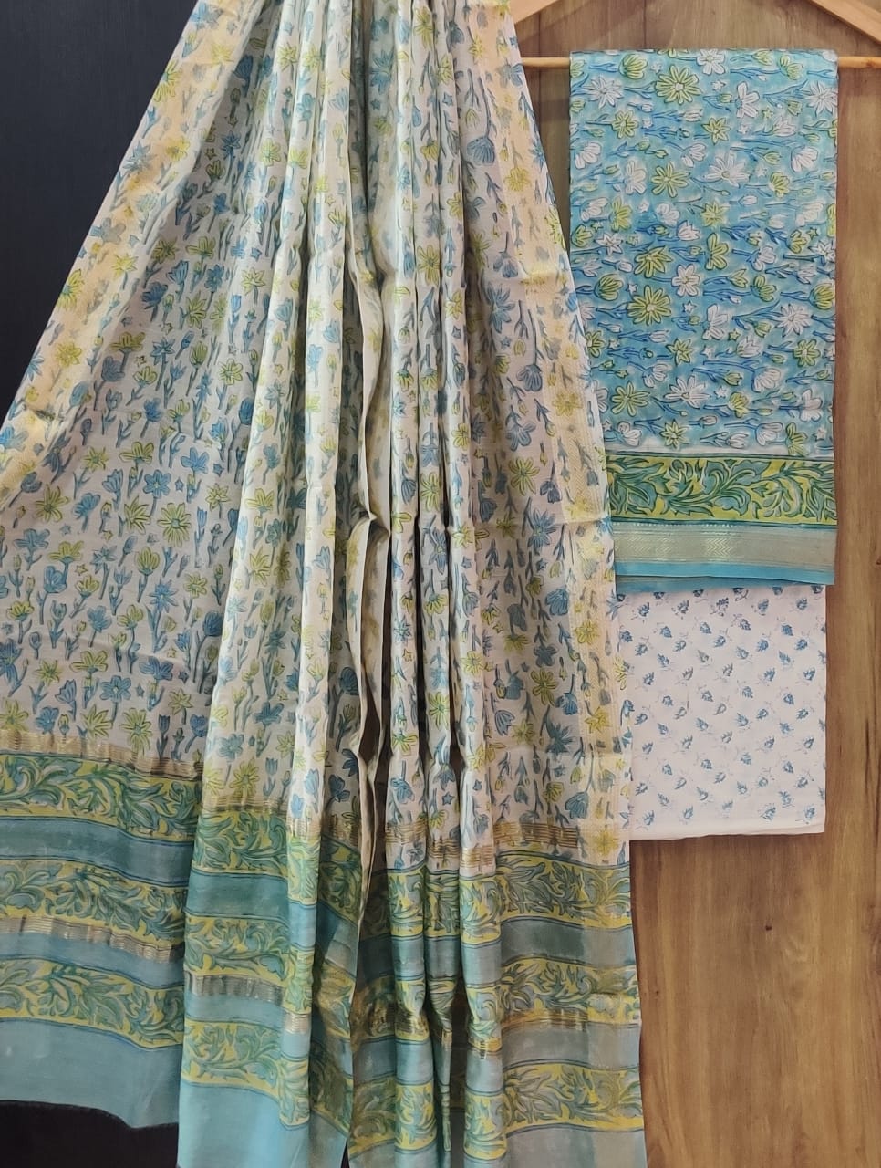Pure Maheshwari Silk Unstitched Suit Set with Maheshwari Silk Dupatta with Zari Border ( Top, Bottom and Dupatta length 2.5 meter each) - 46