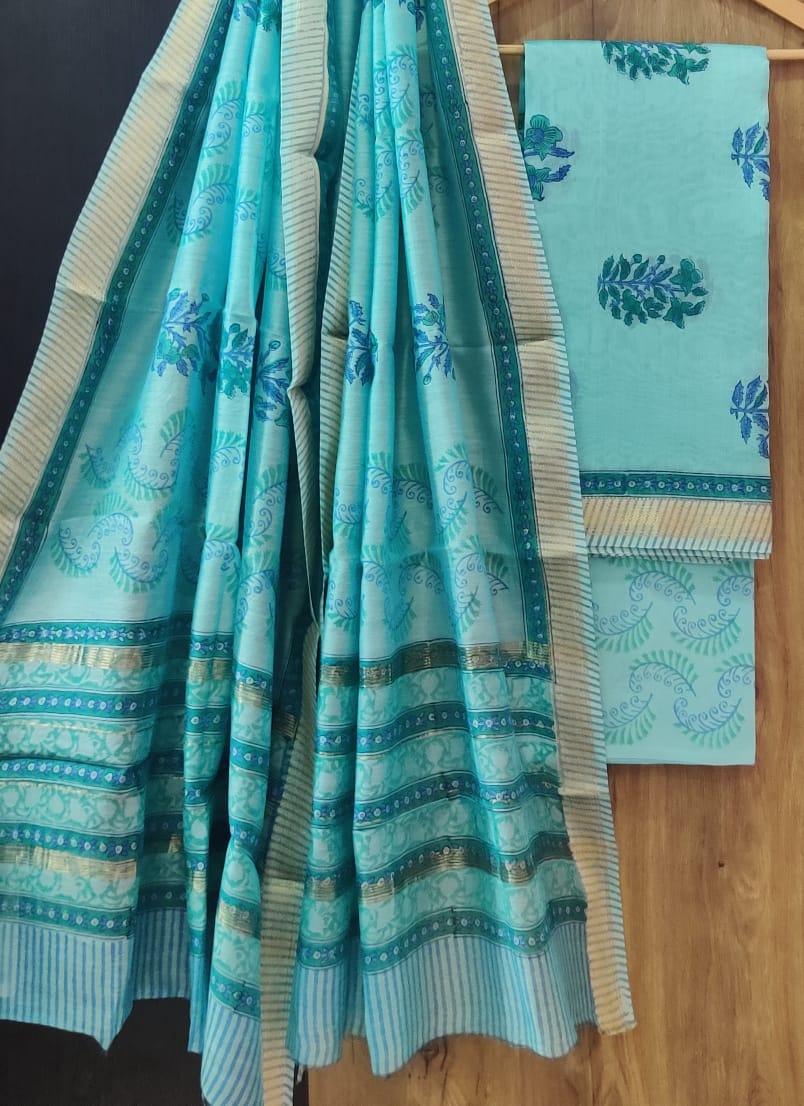 Pure Maheshwari Silk Unstitched Suit Set with Maheshwari Silk Dupatta with Zari Border ( Top, Bottom and Dupatta length 2.5 meter each) - 35