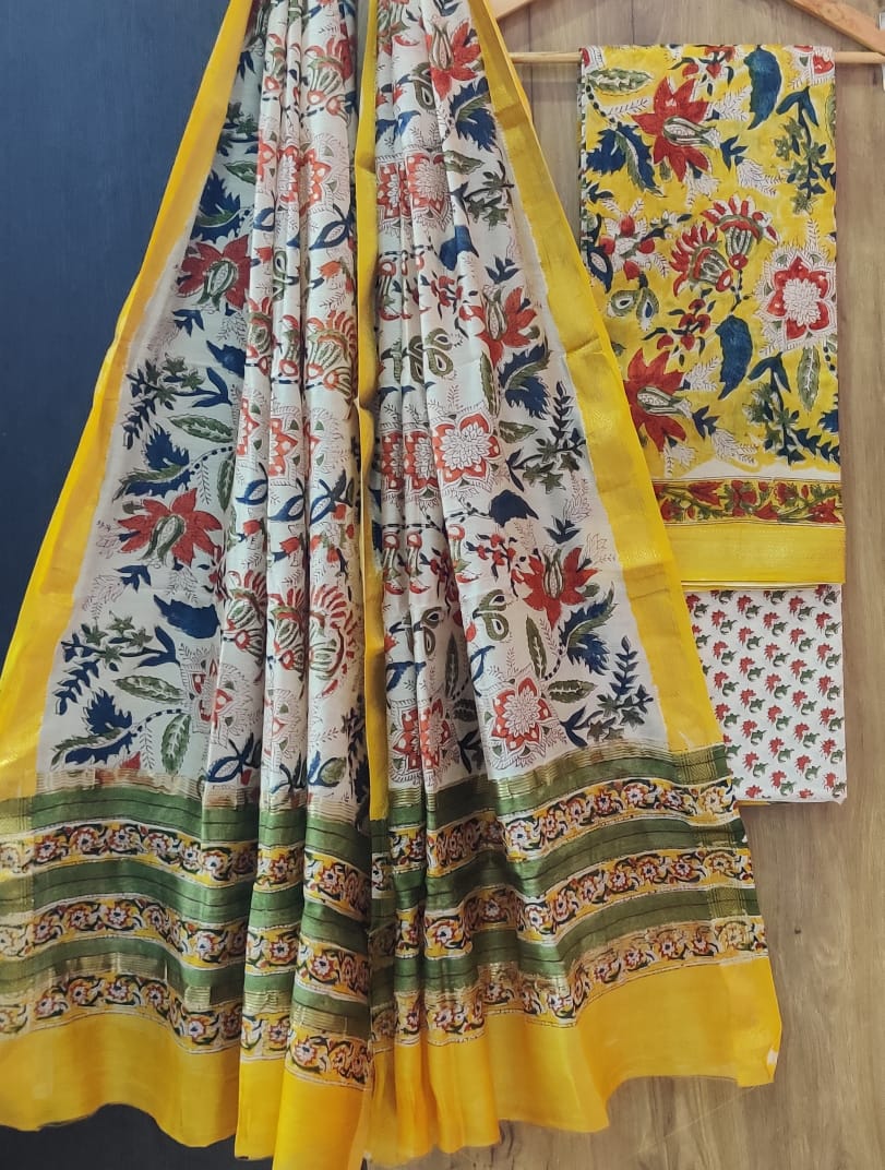Pure Maheshwari Silk Unstitched Suit Set with Maheshwari Silk Dupatta with Zari Border ( Top, Bottom and Dupatta length 2.5 meter each) - 44