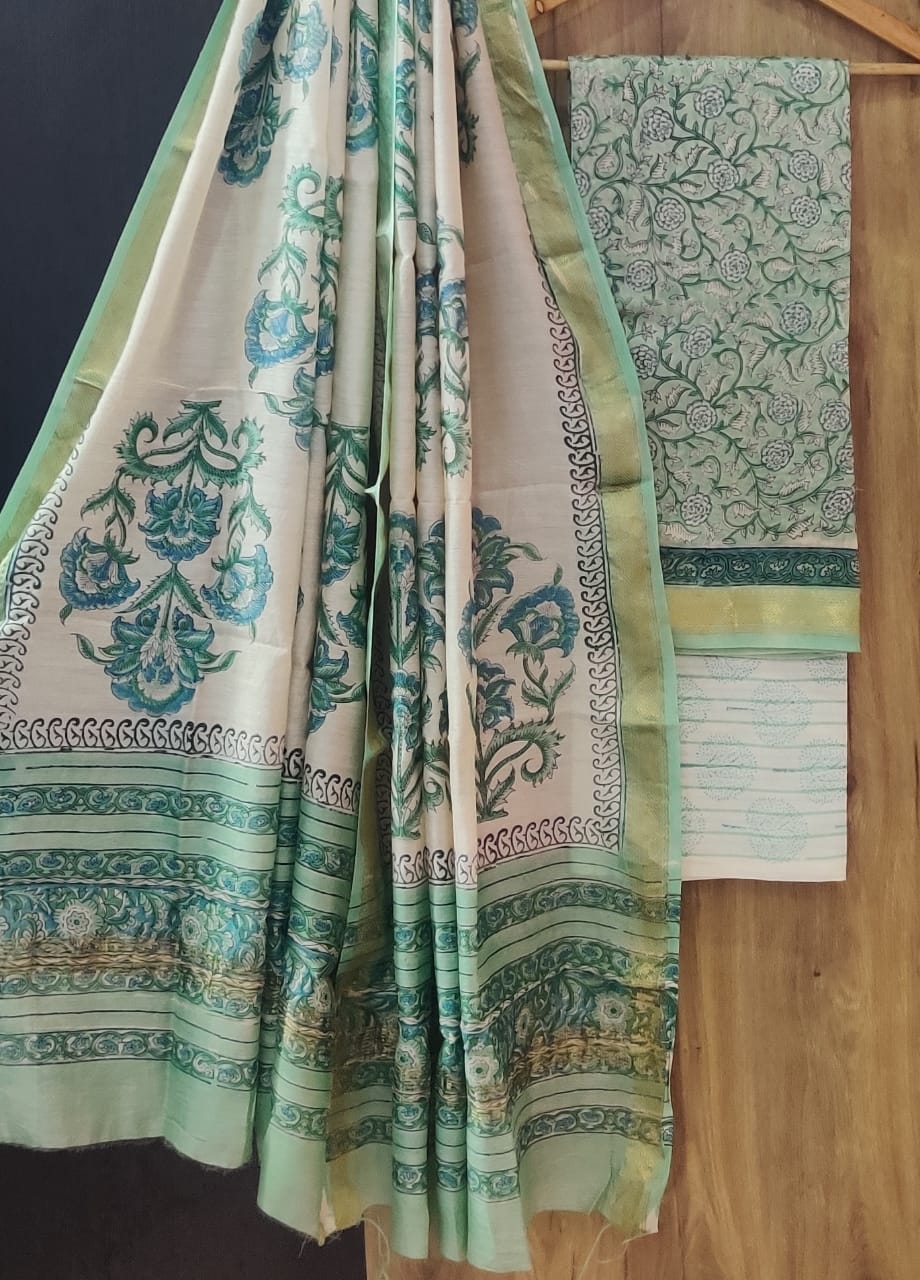 Pure Maheshwari Silk Unstitched Suit Set with Maheshwari Silk Dupatta with Zari Border ( Top, Bottom and Dupatta length 2.5 meter each) - 22