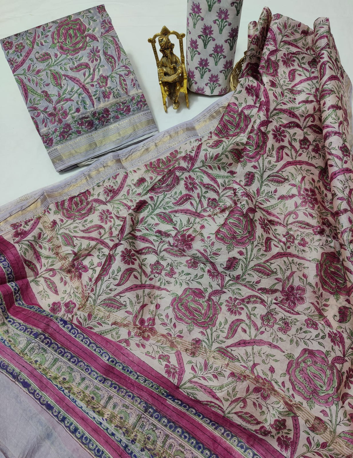 Pure Maheshwari Silk Unstitched Suit Set with Maheshwari Silk Dupatta with Zari Border ( Top, Bottom and Dupatta length 2.5 meter each) - 62