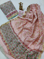 Pure Maheshwari Silk Unstitched Suit Set with Maheshwari Silk Dupatta with Zari Border ( Top, Bottom and Dupatta length 2.5 meter each) - 57