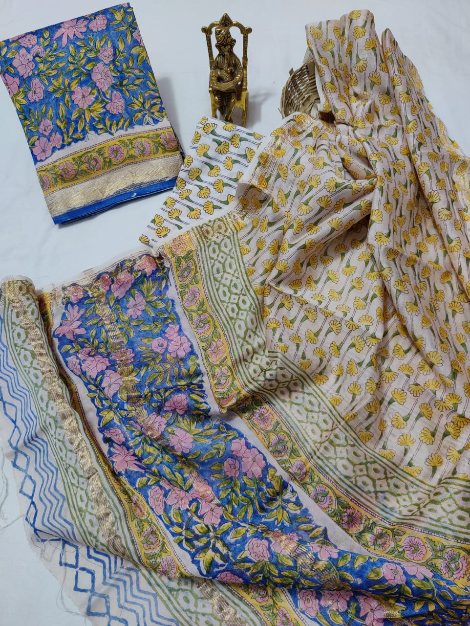 Pure Maheshwari Silk Unstitched Suit Set with Maheshwari Silk Dupatta with Zari Border ( Top, Bottom and Dupatta length 2.5 meter each) - 54