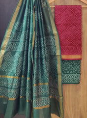 Pure Maheshwari Silk Unstitched Suit Set with Maheshwari Silk Dupatta with Zari Border ( Top, Bottom and Dupatta length 2.5 meter each) - 32
