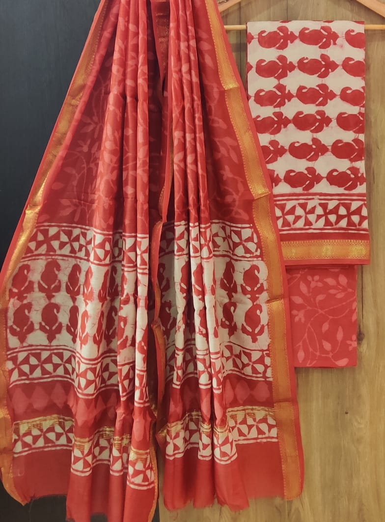 Pure Maheshwari Silk Unstitched Suit Set with Maheshwari Silk Dupatta with Zari Border ( Top, Bottom and Dupatta length 2.5 meter each) - 16