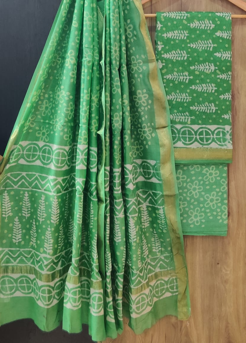 Pure Maheshwari Silk Unstitched Suit Set with Maheshwari Silk Dupatta with Zari Border ( Top, Bottom and Dupatta length 2.5 meter each) - 17