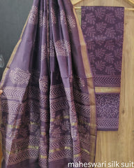 Pure Maheshwari Silk Unstitched Suit Set with Maheshwari Silk Dupatta with Zari Border ( Top, Bottom and Dupatta length 2.5 meter each) - 19