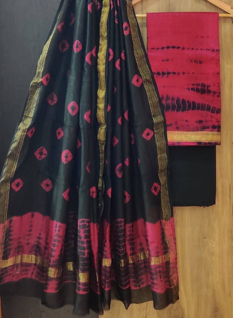 Pure Maheshwari Silk Unstitched Suit Set with Maheshwari Silk Dupatta with Zari Border ( Top, Bottom and Dupatta length 2.5 meter each) - 52