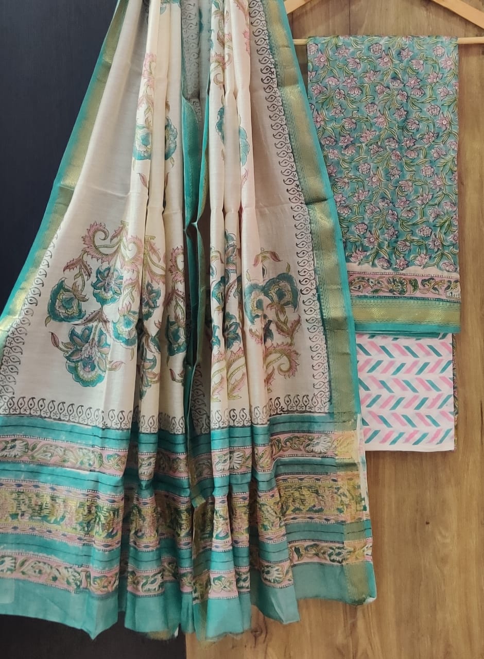 Pure Maheshwari Silk Unstitched Suit Set with Maheshwari Silk Dupatta with Zari Border ( Top, Bottom and Dupatta length 2.5 meter each) - 26