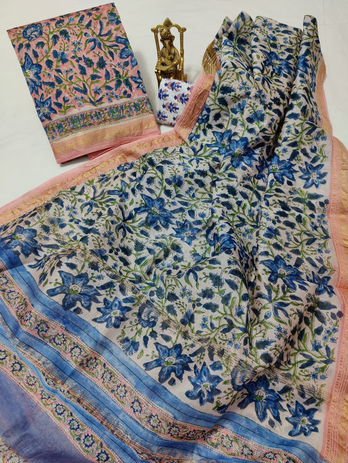 Pure Maheshwari Silk Unstitched Suit Set with Maheshwari Silk Dupatta with Zari Border ( Top, Bottom and Dupatta length 2.5 meter each) - 63
