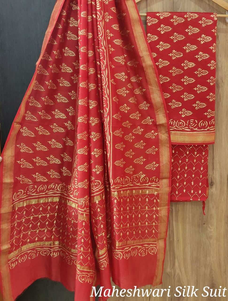 Pure Maheshwari Silk Unstitched Suit Set with Maheshwari Silk Dupatta with Zari Border ( Top, Bottom and Dupatta length 2.5 meter each) - 29