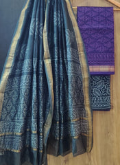 Pure Maheshwari Silk Unstitched Suit Set with Maheshwari Silk Dupatta with Zari Border ( Top, Bottom and Dupatta length 2.5 meter each) - 20