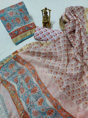 Pure Maheshwari Silk Unstitched Suit Set with Maheshwari Silk Dupatta with Zari Border ( Top, Bottom and Dupatta length 2.5 meter each) - 60