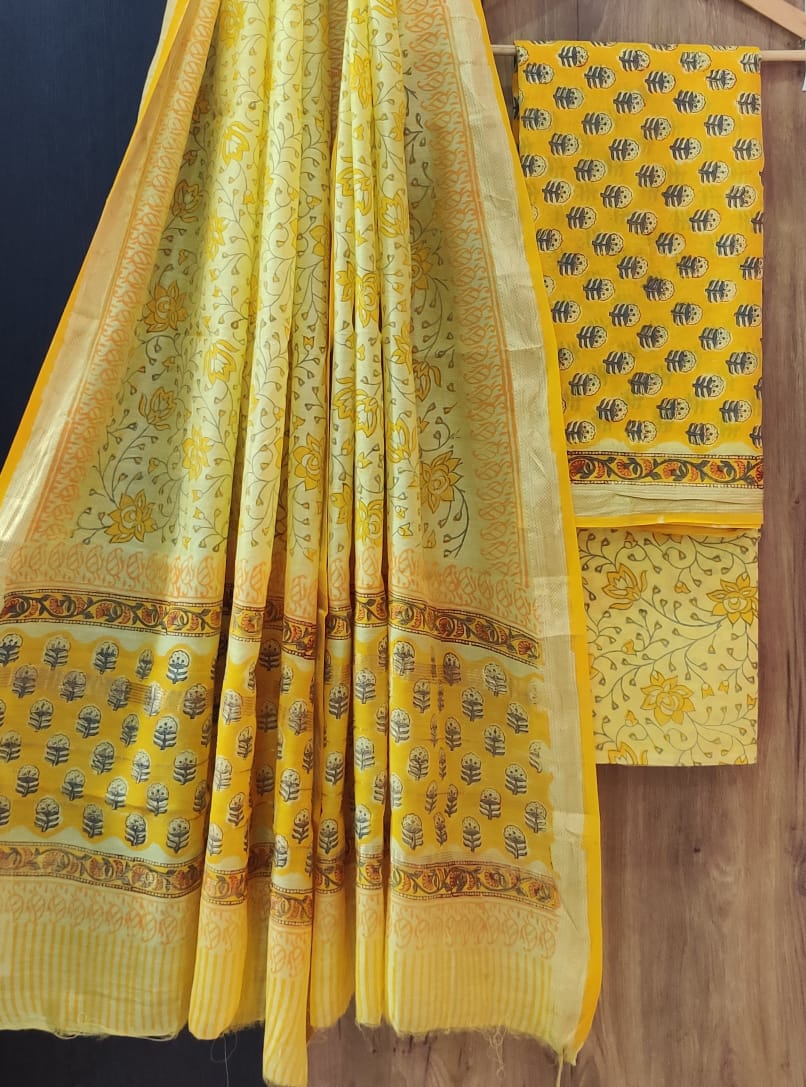 Pure Maheshwari Silk Unstitched Suit Set with Maheshwari Silk Dupatta with Zari Border ( Top, Bottom and Dupatta length 2.5 meter each) - 18