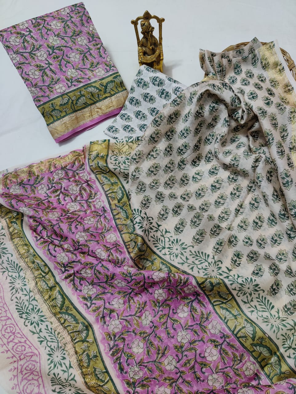 Pure Maheshwari Silk Unstitched Suit Set with Maheshwari Silk Dupatta with Zari Border ( Top, Bottom and Dupatta length 2.5 meter each) - 58